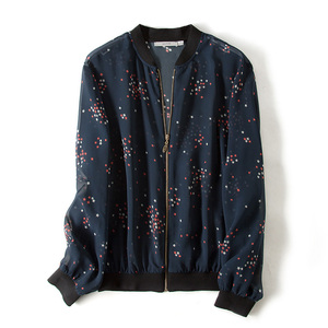 2018新款夏秋装 span class=h>真丝 /span>印花棒球服外套女桑蚕丝