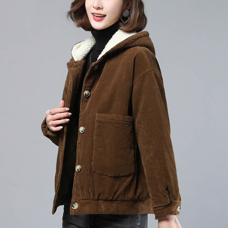 灯芯绒外套女短款宽松女士加厚连帽夹棉夹克