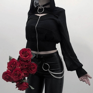 暗黑系朋克风少女连帽卫衣女哥特式春季修身黑色镂空灯笼袖上衣潮