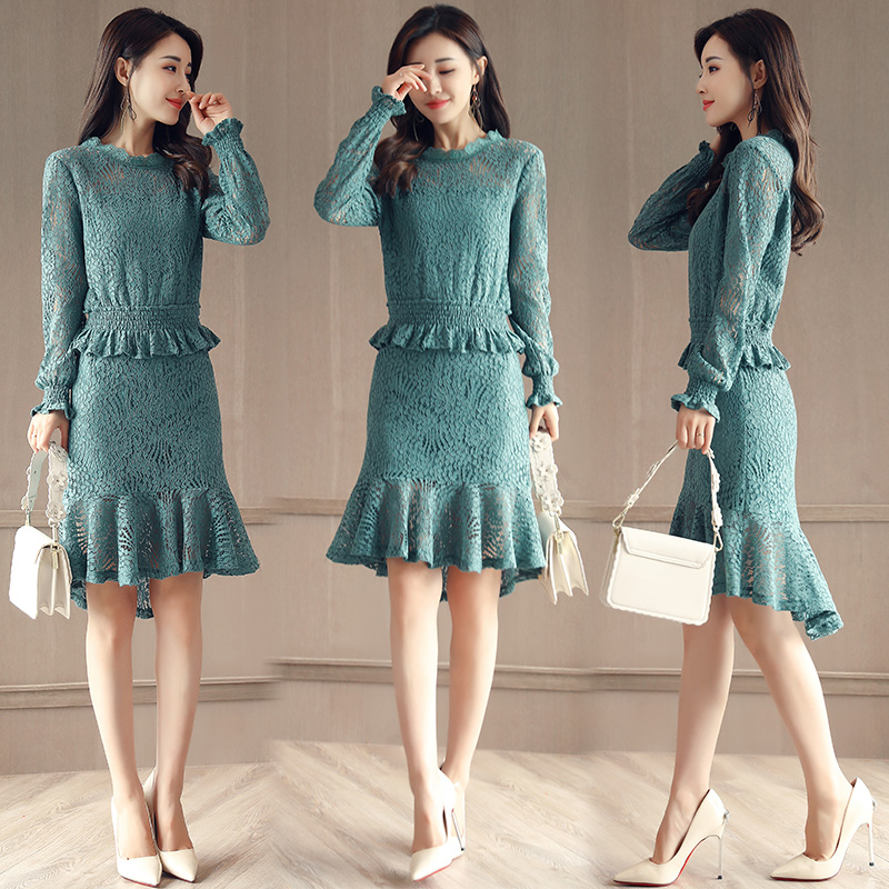 蕾丝两件套连衣裙女秋装2017新款长袖中长款春秋冬季时尚套装裙子