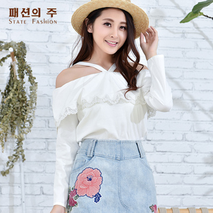 尚州2018春季新品简约棉质长袖蕾丝吊带梭织衫针织衫女hcc661