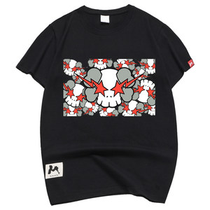 情侣装原创潮牌bf风恶搞kaws卡通印花纯棉宽松圆领短袖 span class=h>