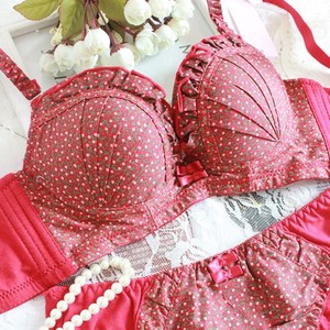 日系少女文胸套装 内衣大红色 碎花纯棉舒适三排扣加厚本命年bra