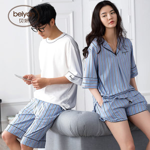贝妍夏季情侣睡衣时尚V领女纯棉睡裙薄款男士