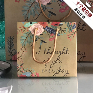 文艺仿古花朵图案礼品袋 品牌服装礼物手提袋 牛皮色纸袋定做