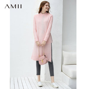 amii极简性冷风欧美站chic潮毛衣女2018秋季新款宽松开衩圆领上衣