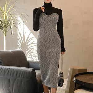 黑色针织长裙女连体修身显瘦打底开叉高领连衣裙秋冬内搭 span class=