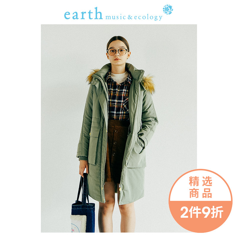 earthmusic2018冬连帽人造毛领棉服加厚长款外套女1L184I30030