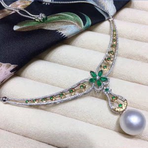 新品18k金钻石15-16mm天然南洋白色海水珍珠祖母绿礼服套装项链