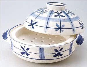 日本进口万古烧蓝色 span class=h>格 /span>子手工陶瓷砂锅蒸锅带蒸