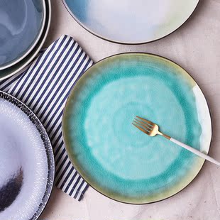 创意10英寸日式陶瓷冰裂纹盘子家用色釉菜盘西餐厅牛排大盘子餐具