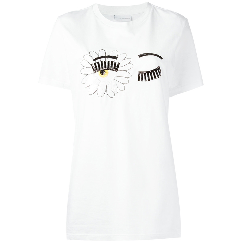 代购 正品 Chiara Ferragni 2017新款绣珠片眼睛女士圆领短袖T恤