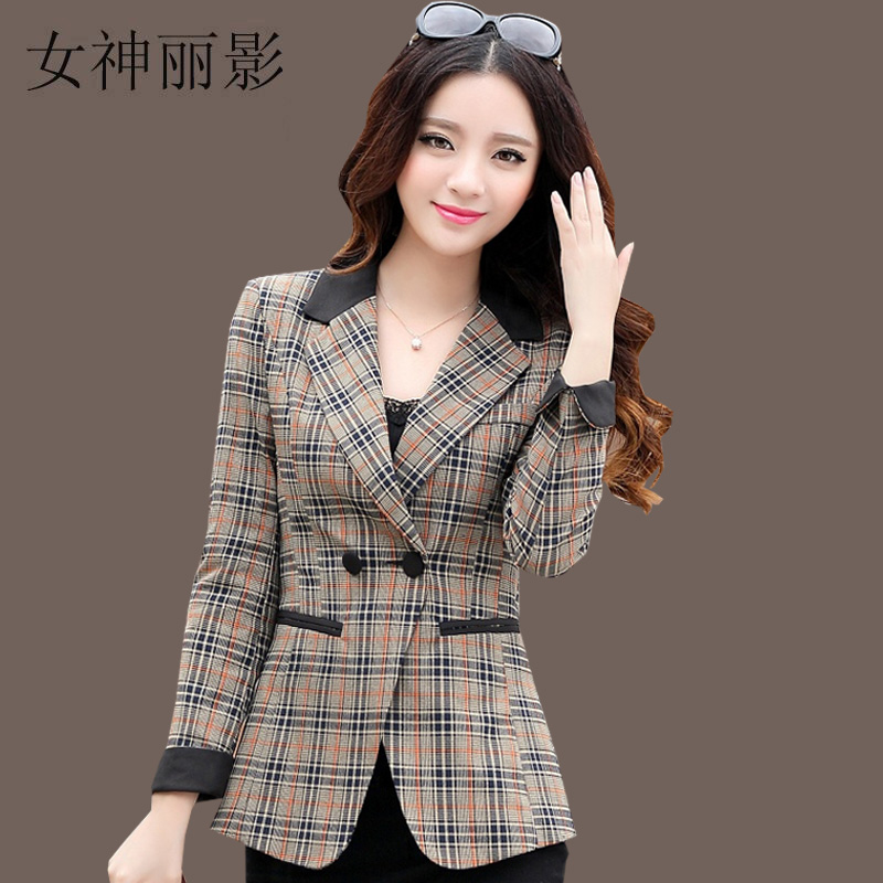 小西装2015秋装新款韩版原创女装百搭修身格子西服短款大码小外套