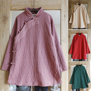 复古文艺范中式民国风斜襟盘扣立领衬衫大红上衣棉麻女装短款袍子