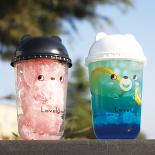 网红可爱胖胖杯u形杯一次性奶茶杯塑料杯果汁饮料杯带熊猫盖奶盖