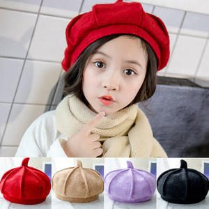 秋冬儿童帽子女童韩版八角帽潮宝宝纯色画家帽小孩礼帽羊绒贝雷帽