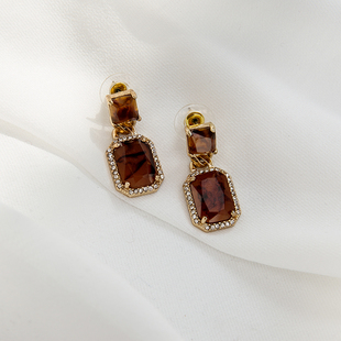 意大利风情!水晶包边天然棕色琥珀铜吊坠耳环 耳钉