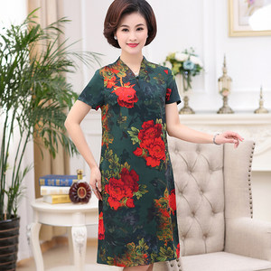 妈妈装夏装真丝连衣裙中长款中老年女装桑蚕丝