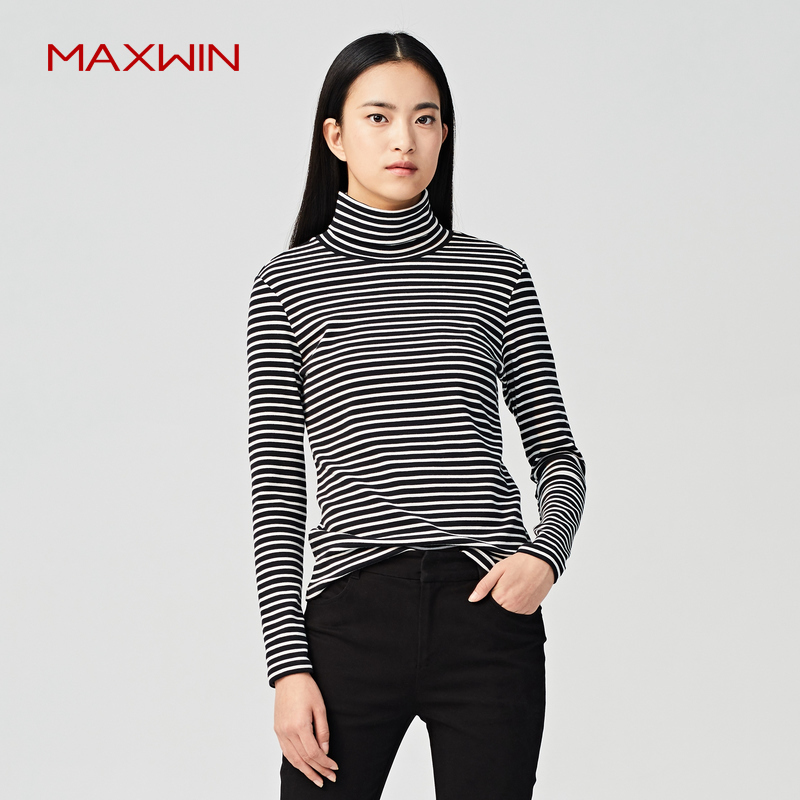 MAXWIN马威女式高领打底衫条纹修身休闲新款卫衣春女装184243073