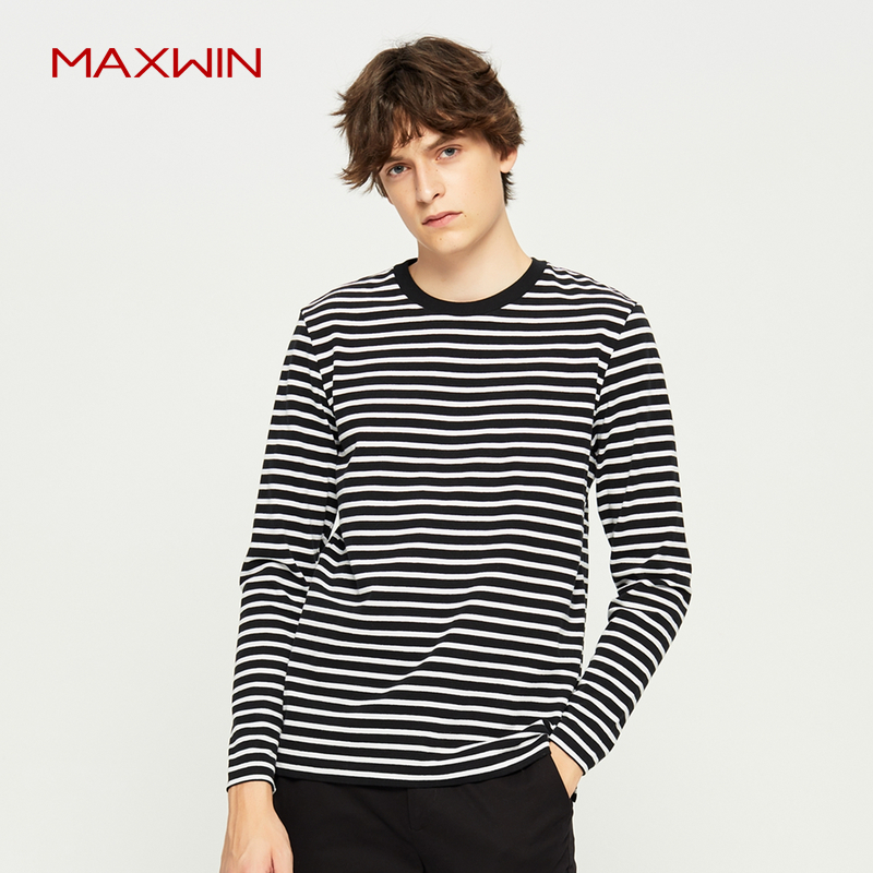 MAXWIN马威男装新款纯棉贴身休闲款条纹针织修身长袖T恤