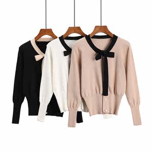 秋装新款女装2018蝴蝶结针织衫女 span class=h>上衣 /span>长袖高腰 