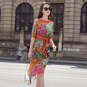 真丝连衣裙女2017夏季新款七分袖宽松显瘦印