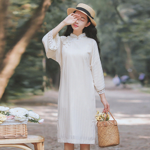 子末复古盘扣七分袖雪纺连衣裙民国少女大袖衫 span class=h>旗袍裙 