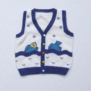 宝宝手织毛衣马甲婴儿纯手工毛线背心坎肩蓝色小鱼吹泡图案 ￥ 75