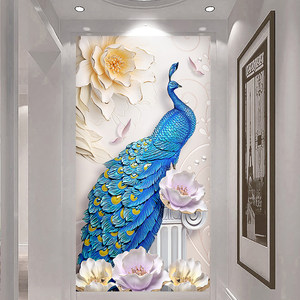 3d立体竖版玄关走廊过道背景墙壁纸装饰壁画简约现代孔雀58d墙布
