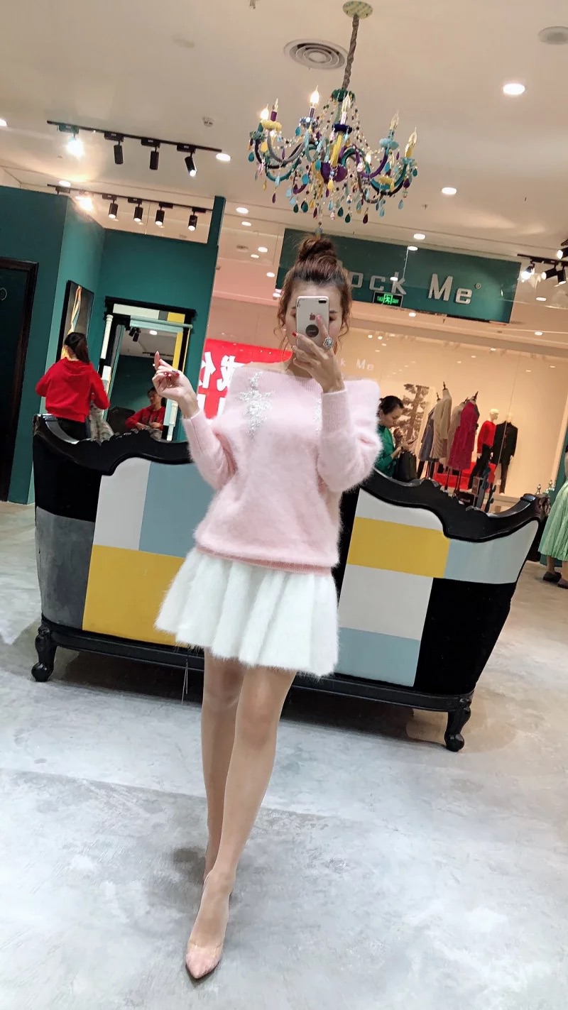 Rock Me2018冬新款粉色貂绒网红毛衣女套头韩版慵懒风水貂毛套装
