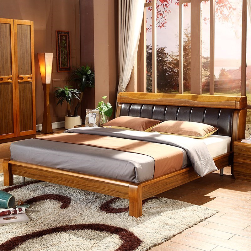 现代中式1.8米双人床皮高箱储物床乌金木色家具特价实木床折扣