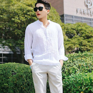 夏季韩版男士休闲纯白色棉麻长袖衬衫立领 span class=h>衬衣 /span>