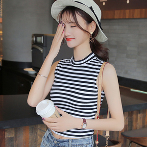 无袖t恤女短款背心高腰露脐 span class=h>上衣 /span>夏装黑白条纹外