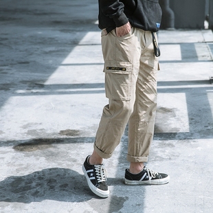 bdct 美式复古街头多口袋收口工装裤 纯色简约百搭直筒休闲长裤