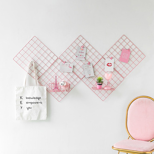 铁艺粉色网格照片墙装饰ins少女房间布置网红格子墙挂创意装饰品