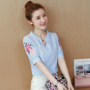 夏季短袖女装2019新款韩版百搭t恤棉麻上衣女士体恤夏天潮刺绣花