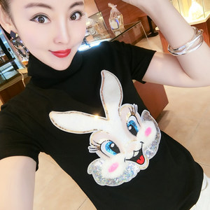 大码女装胖mm短袖t恤高领修身上衣韩版冬季兔子加绒加厚打底衫潮