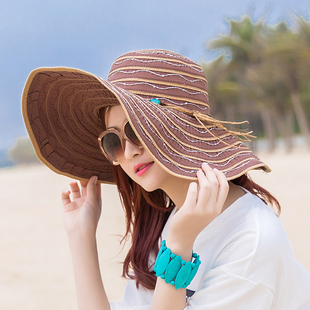 帽子女夏天草帽大檐遮阳帽度假海边海滩太阳帽春防晒可折叠沙滩帽