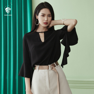 范思蓝恩喇叭袖 span class=h>雪纺衫 /span>女夏季仙气质黑色v领上衣