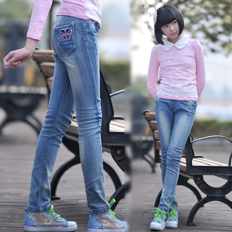 2017女童春秋装修身弹力裤子女大童牛仔裤长裤儿童牛仔裤女休闲裤