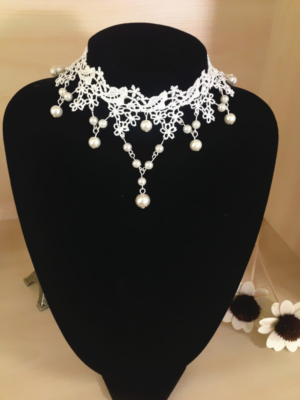 白色蕾丝珍珠项链 新娘伴娘婚礼宴会演出项链 宫廷复古女锁骨项链