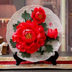 全陶瓷器红牡丹装饰花盘挂盘瓷盘家居工艺摆件手编结婚礼物景德镇￥ 