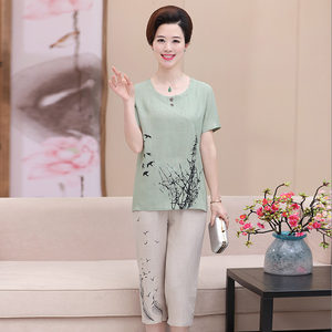 妈妈装春装短外套中老年女装夏装棉麻短袖上衣