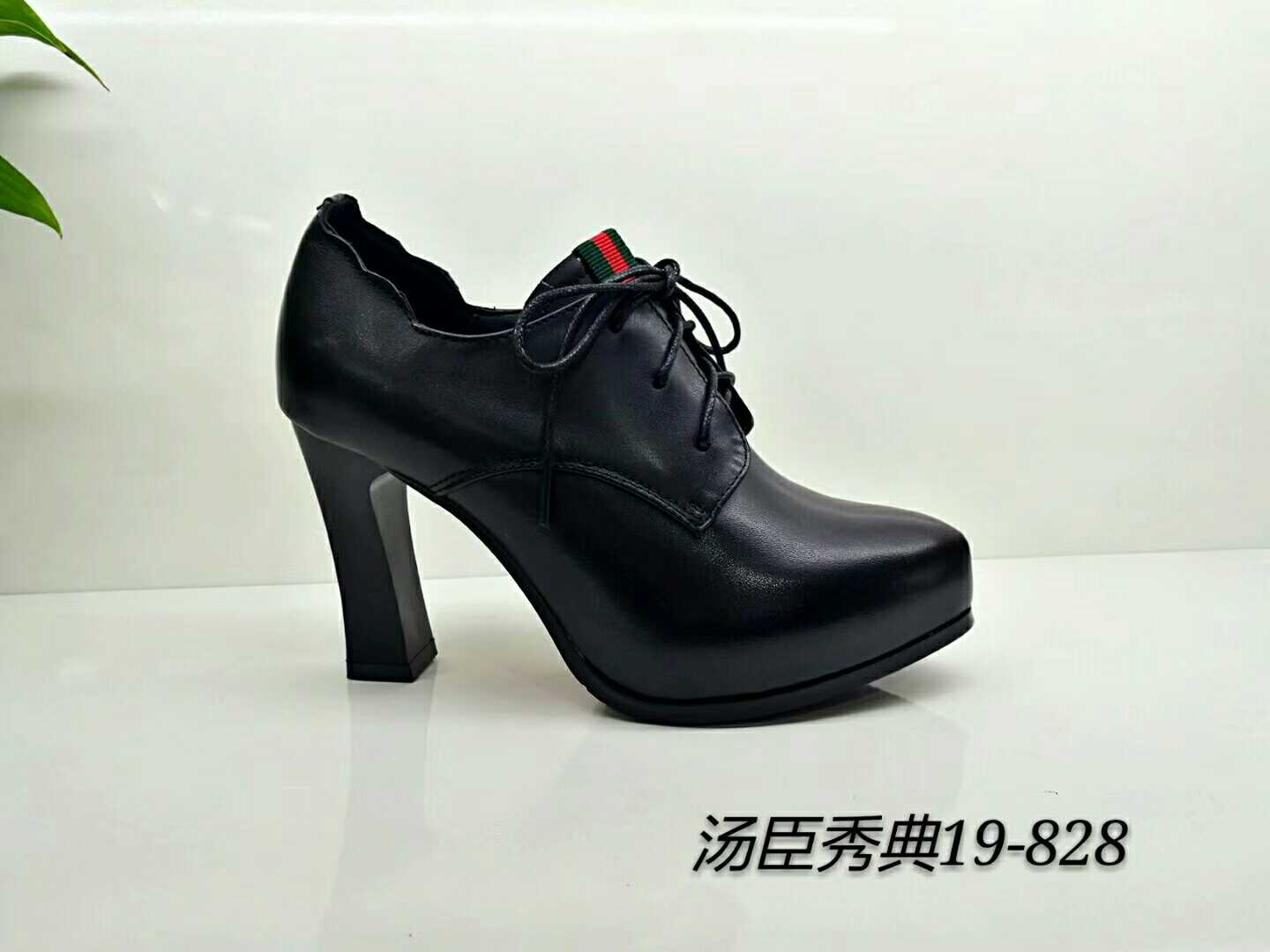 汤臣秀典真皮女鞋2017秋冬新款高跟鞋头层牛皮系带满口鞋粗跟单鞋