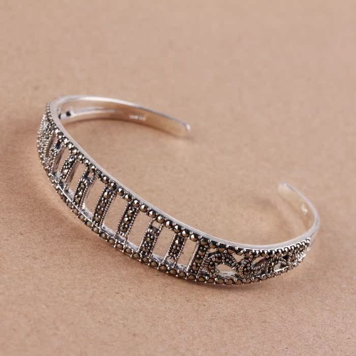 曼谷银 泰银开口复古手镯 925纯银仿古手工马克赛女镯子 民族风