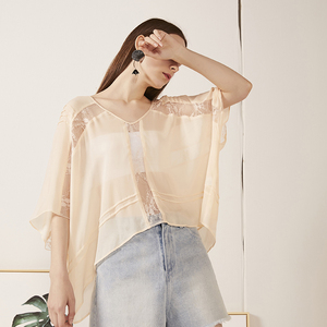 花前naiqauh原创设计师品牌v领连身袖蕾丝拼接后背系带宽松上衣