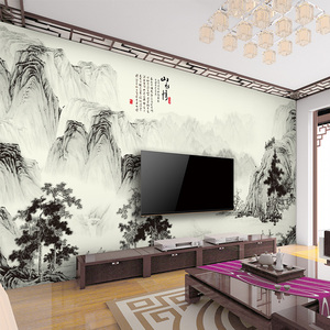 山水情国画水墨山水墙纸壁画中式客厅电视背景墙 span class=h>壁纸 