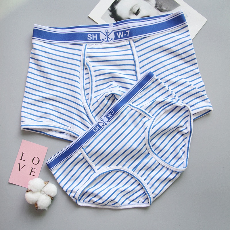 2条装 海军风可爱蓝白条纹中低腰情侣内衣内裤套装纯棉全棉成人