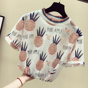 菠萝短袖t恤女夏装2018新款韩版宽松chic冰丝针织半袖体恤上衣服