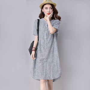 条纹棉麻连衣裙中长款女夏季2018新款潮直筒休闲棉绸亚麻宽松麻料